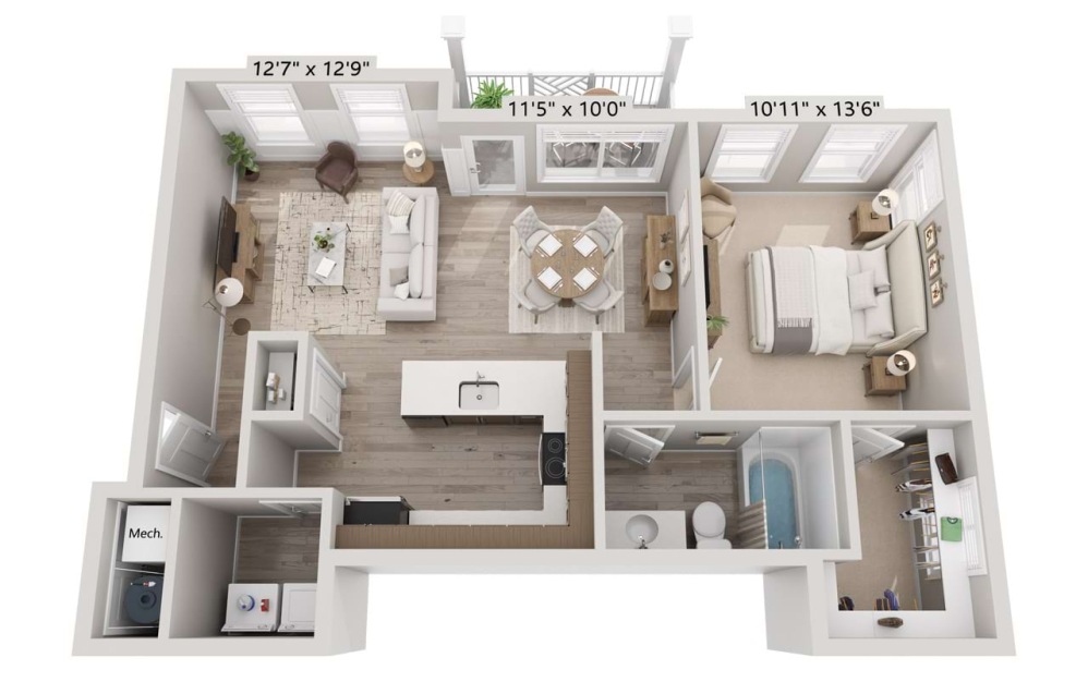 1A 1x1 - 1 bedroom floorplan layout with 1 bathroom and 745 square feet