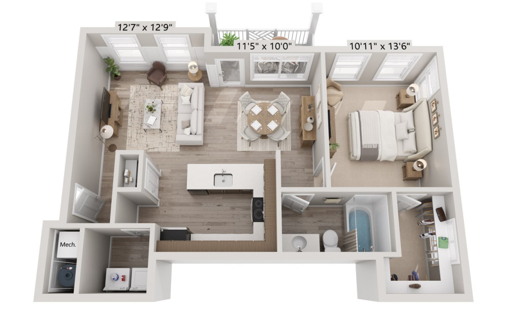 1A 1x1 - 1 bedroom floorplan layout with 1 bathroom and 745 square feet