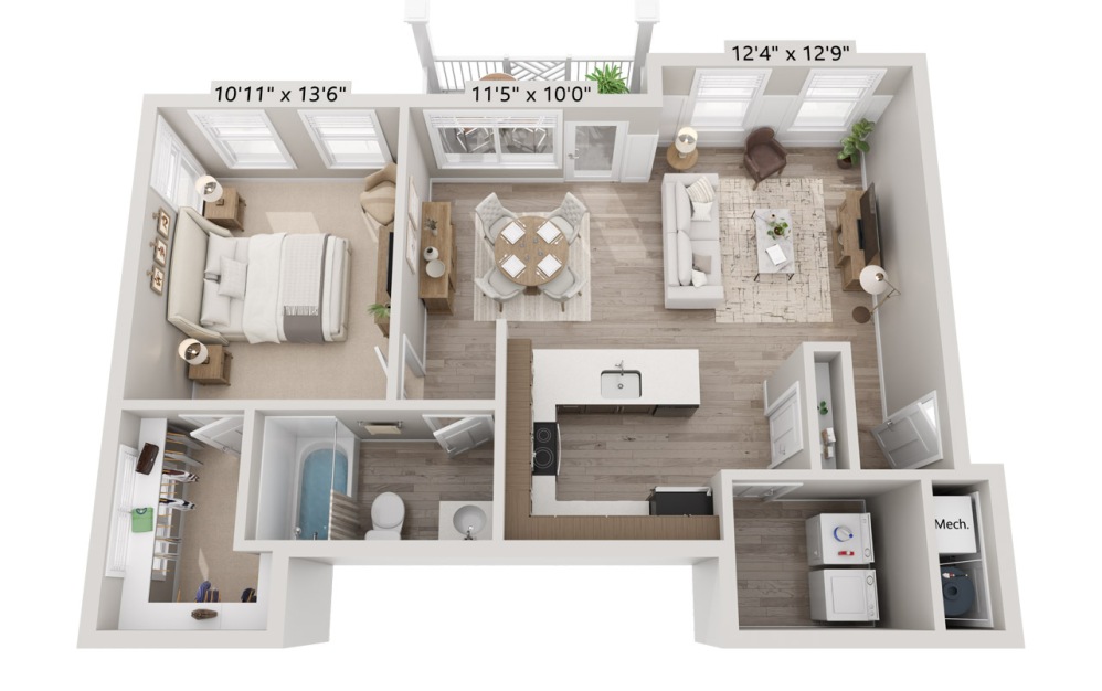 1B 1x1 - 1 bedroom floorplan layout with 1 bathroom and 752 square feet