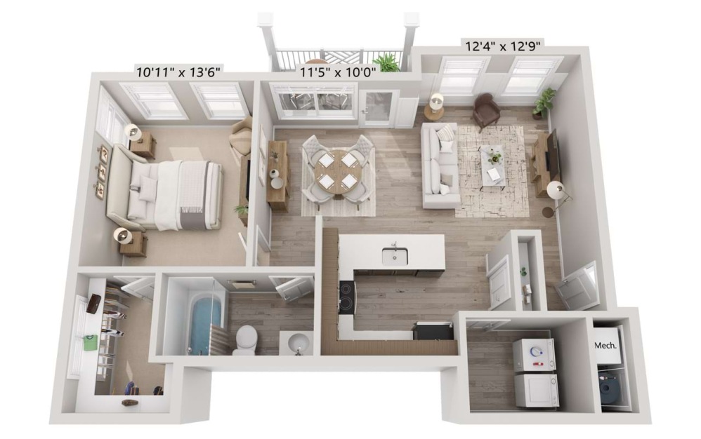 1B 1x1 - 1 bedroom floorplan layout with 1 bathroom and 752 square feet