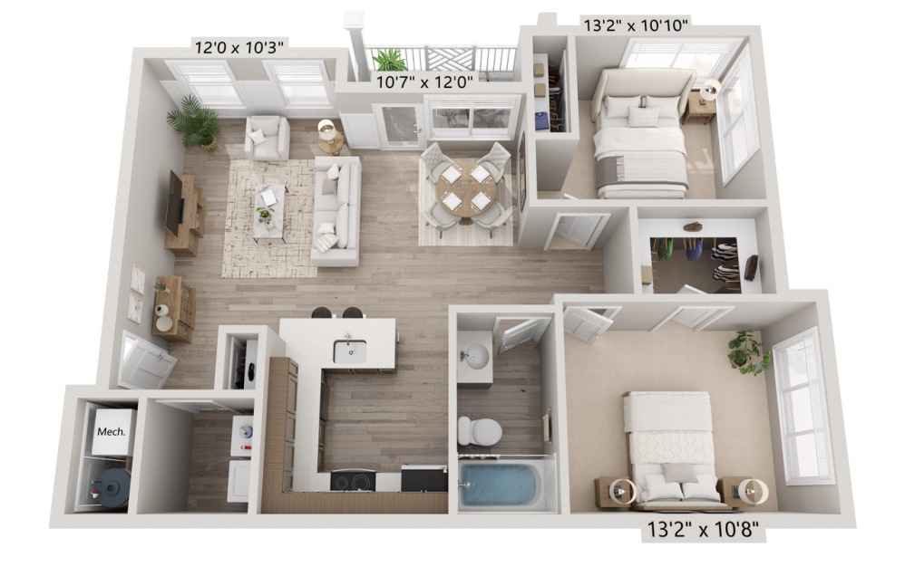 2D 2x1 - 2 bedroom floorplan layout with 1 bathroom and 882 square feet