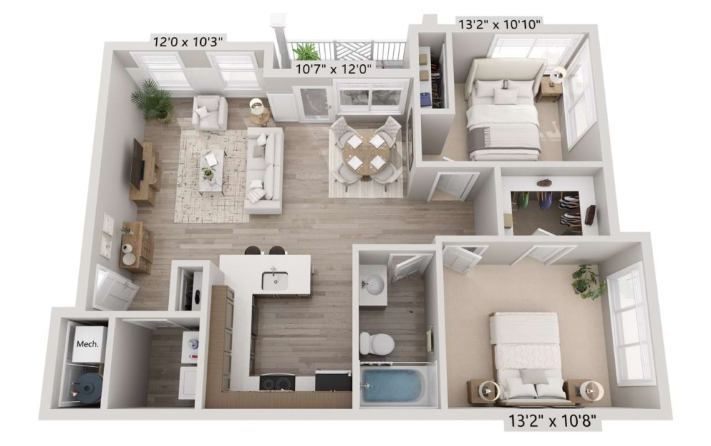 2D 2x1 - 2 bedroom floorplan layout with 1 bathroom and 882 square feet
