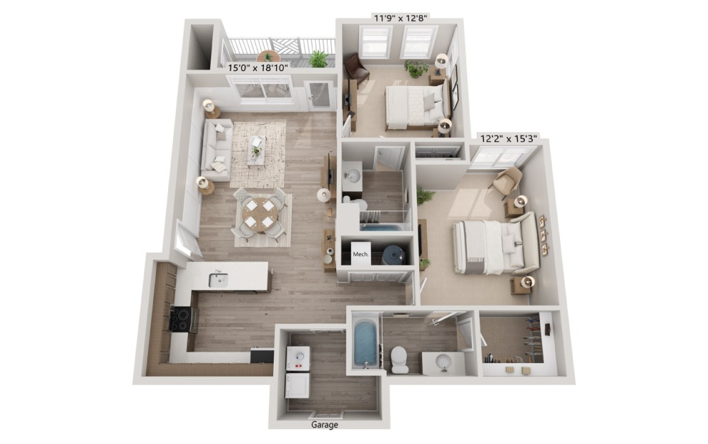 2A-Garage - 2 bedroom floorplan layout with 2 bathrooms and 1067 square feet (Floorplan)