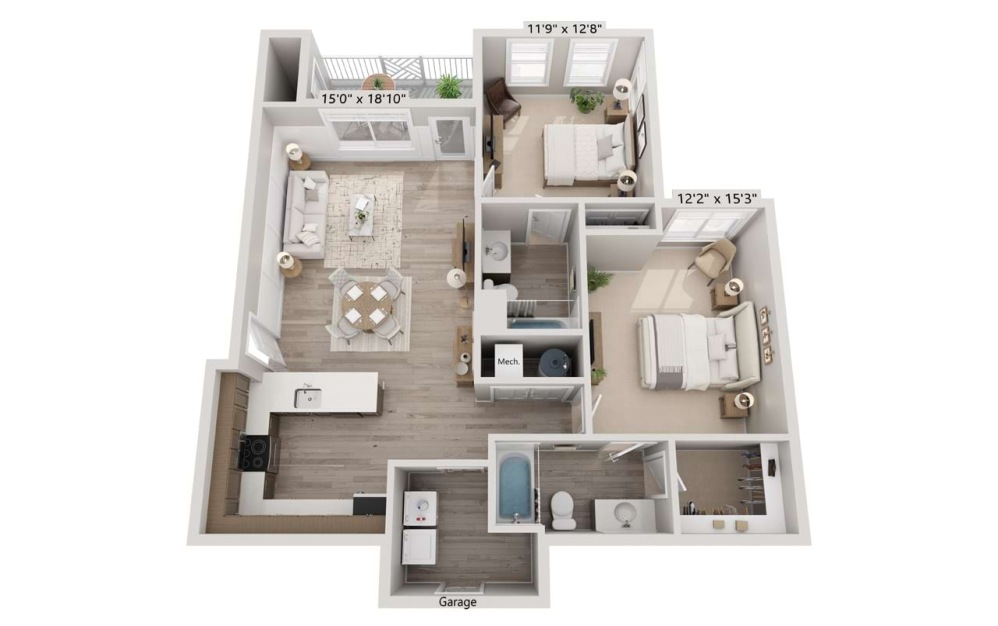 2A-Garage - 2 bedroom floorplan layout with 2 bathrooms and 1067 square feet