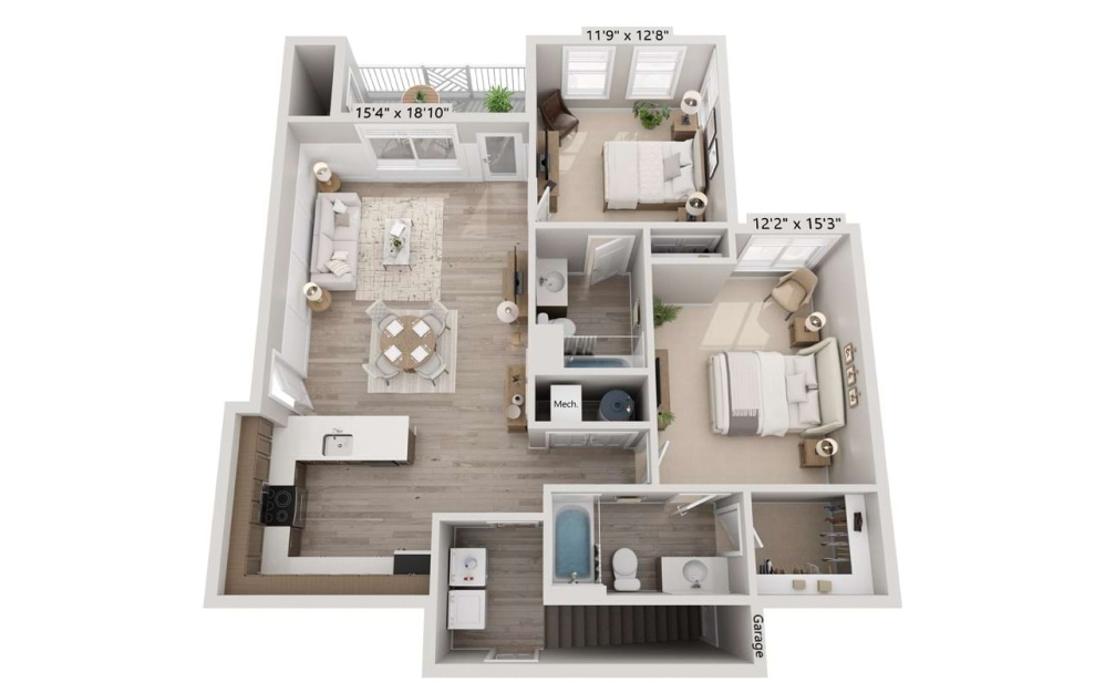 2B-Garage - 2 bedroom floorplan layout with 2 bathrooms and 1095 square feet