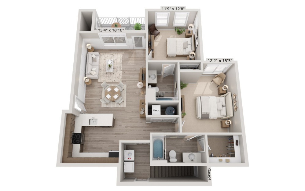 2B-Garage - 2 bedroom floorplan layout with 2 bathrooms and 1095 square feet (Floorplan)