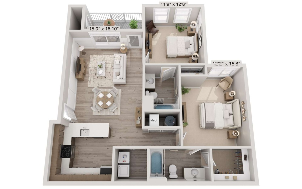 2C 2x2 - 2 bedroom floorplan layout with 2 bathrooms and 1034 square feet