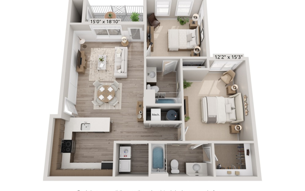 2C 2x2 - 2 bedroom floorplan layout with 2 bathrooms and 1034 square feet