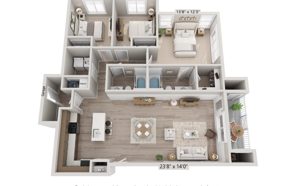 3A-Garage - 3 bedroom floorplan layout with 2 bathrooms and 1287 square feet (Floorplan)