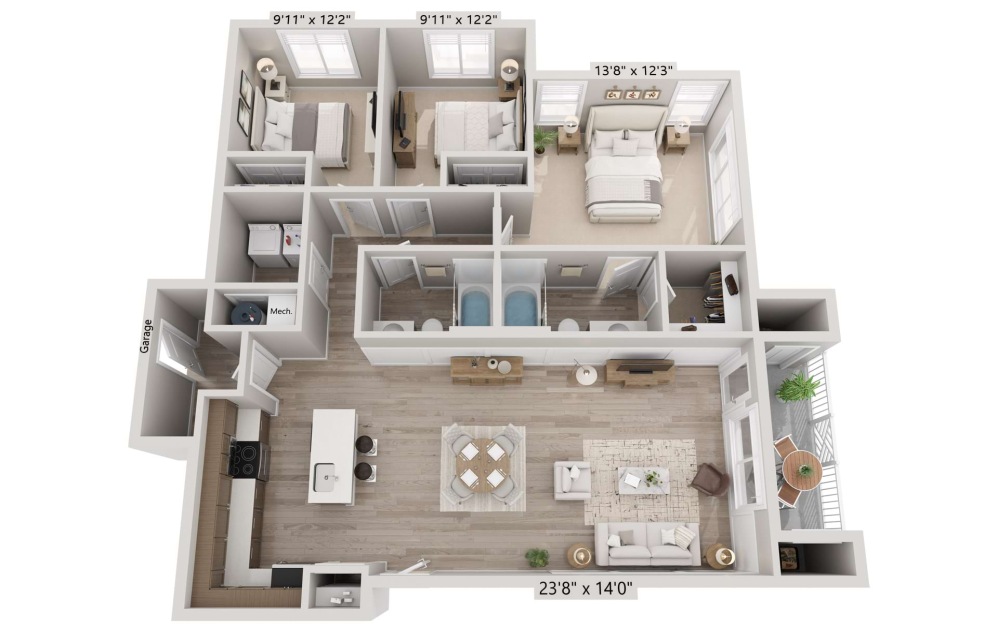 3A-Garage - 3 bedroom floorplan layout with 2 bathrooms and 1287 square feet