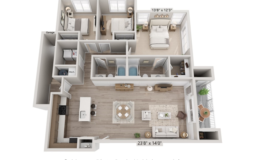 3B-Garage - 3 bedroom floorplan layout with 2 bathrooms and 1312 square feet (Floorplan)