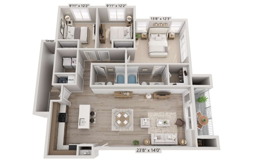 3B-Garage - 3 bedroom floorplan layout with 2 bathrooms and 1312 square feet