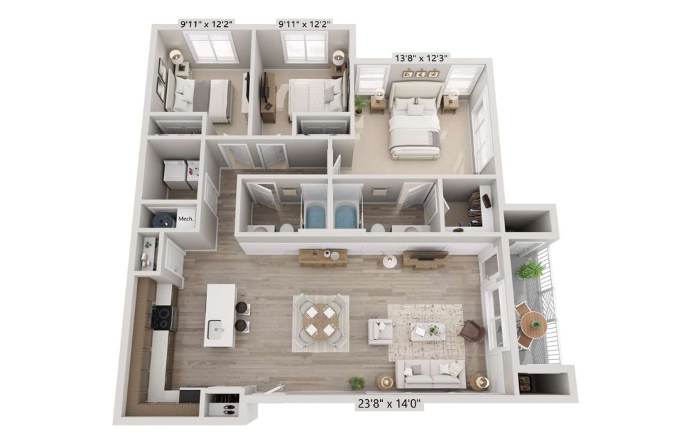 3C 3x2 - 3 bedroom floorplan layout with 2 bathrooms and 1252 square feet