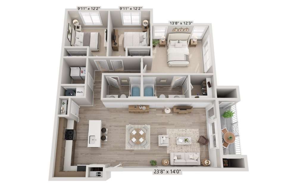 3C 3x2 - 3 bedroom floorplan layout with 2 bathrooms and 1252 square feet