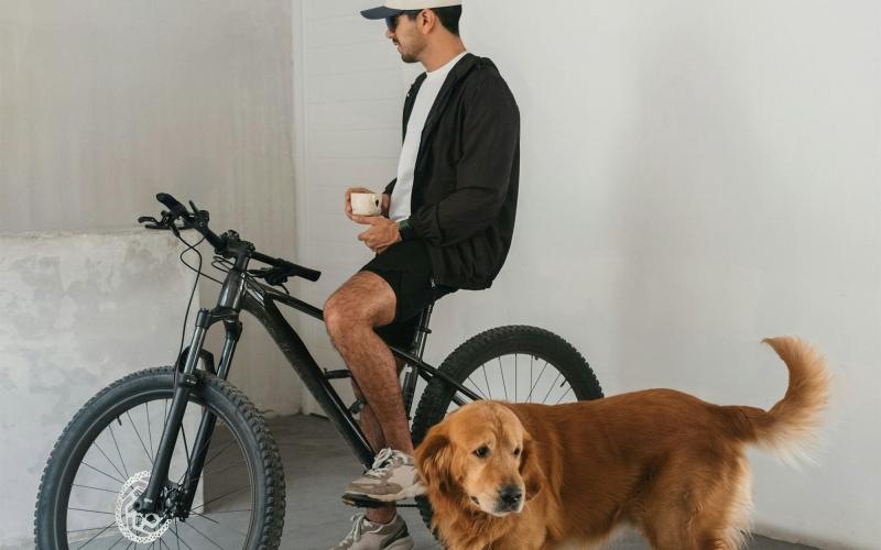 a man sitting on a bike next to a dog